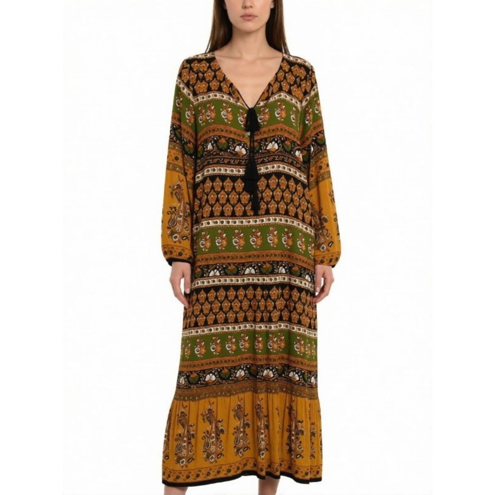 Nostalgia Maxi Dress Womens Mustard Green Good Boho Paisley Tassel Tiered Rayon